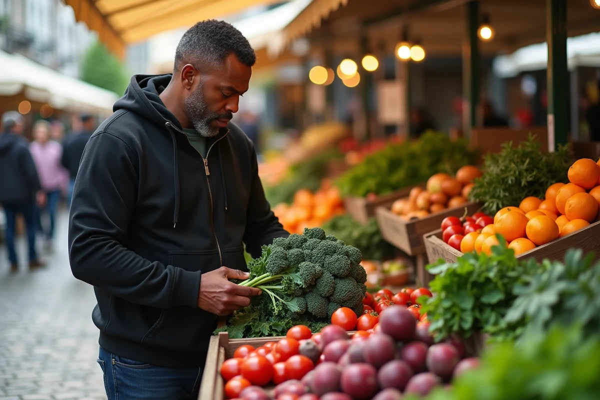 Homme musclé choisissant des légumes frais au marché bio dans le cadre d'un régime végétarien