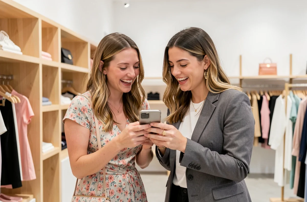 Deux amies partageant une liste shopping tendance sur smartphone dans une boutique de mode chic