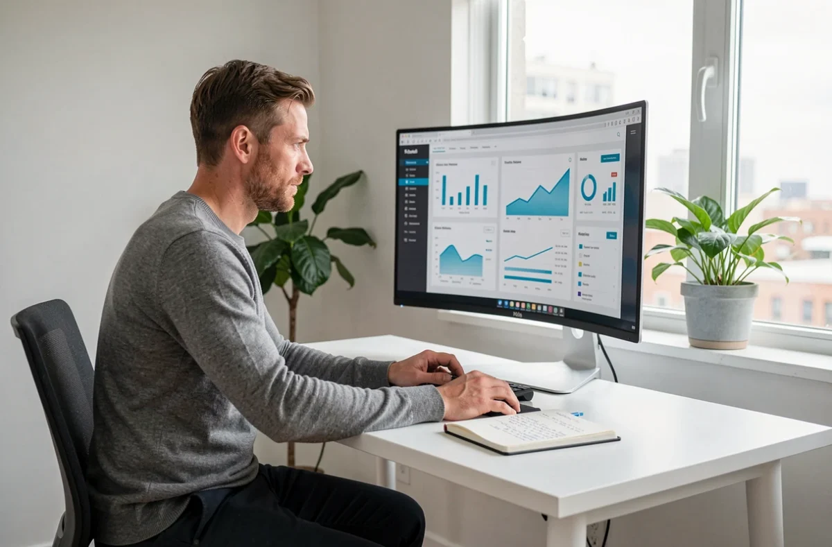 Chef d'entreprise analysant des indicateurs de performance et des tableaux de bord de croissance dans un bureau épuré