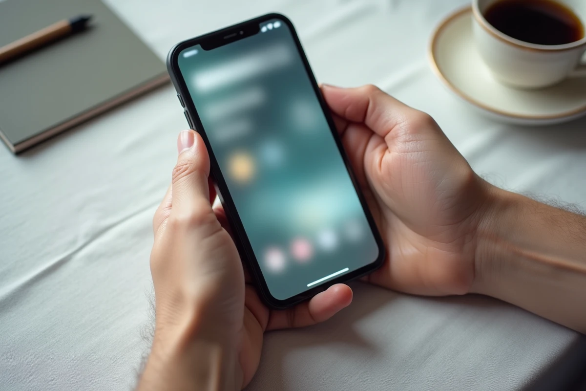 Gros plan de mains tenant un smartphone affichant des stories Instagram de façon anonyme sur une surface en lin