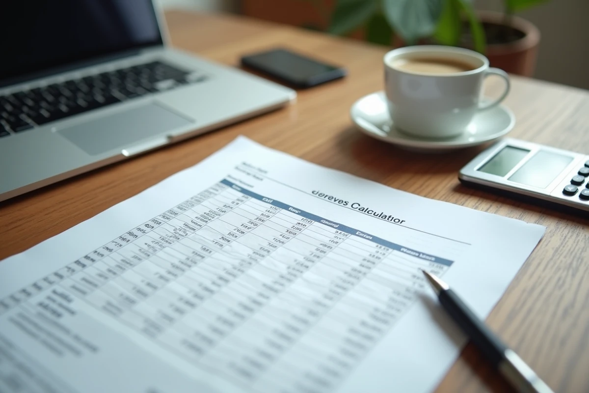 Document de calcul d'indemnité de fermeture d'entreprise posé sur un bureau avec calculatrice et stylo