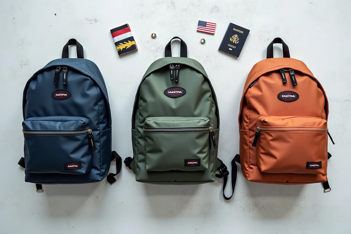 Trois sacs à dos Eastpak en bleu marine, vert forêt et terracotta disposés à plat avec des drapeaux et un passeport, illustrant la fabrication internationale de la marque