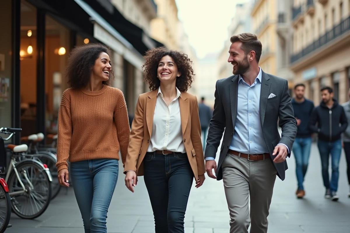 Collègues de bureau se promenant en ville pendant leur pause, liberté de quitter le lieu de travail lors des pauses