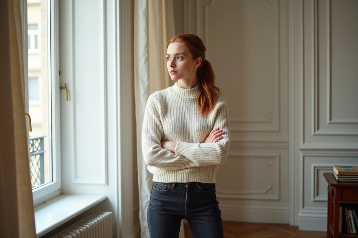 Jeune femme pensive en pull crème dans un appartement parisien haussmannien, portrait éditorial intimiste