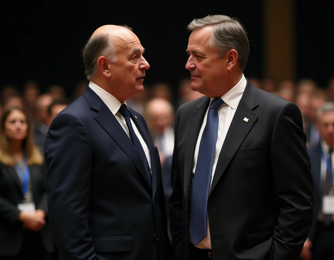 Deux hommes en costume debout côte à côte lors d'un événement politique intérieur, comparaison visuelle de taille entre deux personnalités publiques