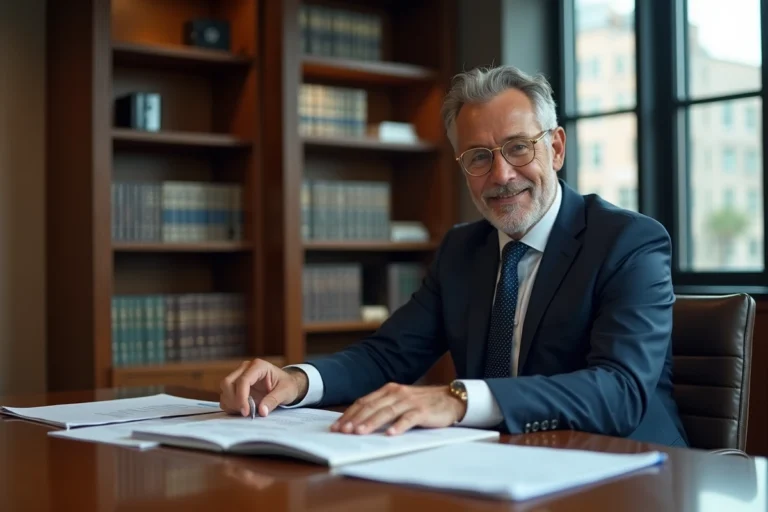 Conseiller financier senior analysant des documents de gestion de patrimoine dans un bureau bancaire moderne