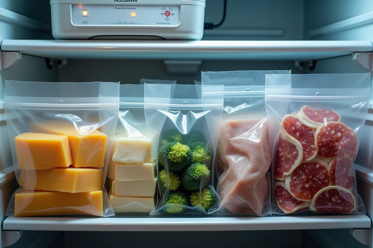 Aliments sous vide FoodSaver V2860 rangés dans un réfrigérateur avec viande, légumes et fromage bien conservés