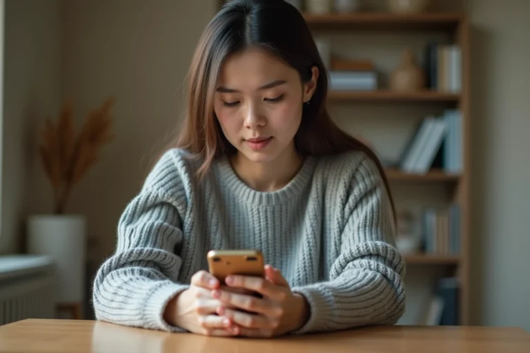 Jeune femme consultant anonymement des stories Instagram sur son smartphone dans un appartement moderne