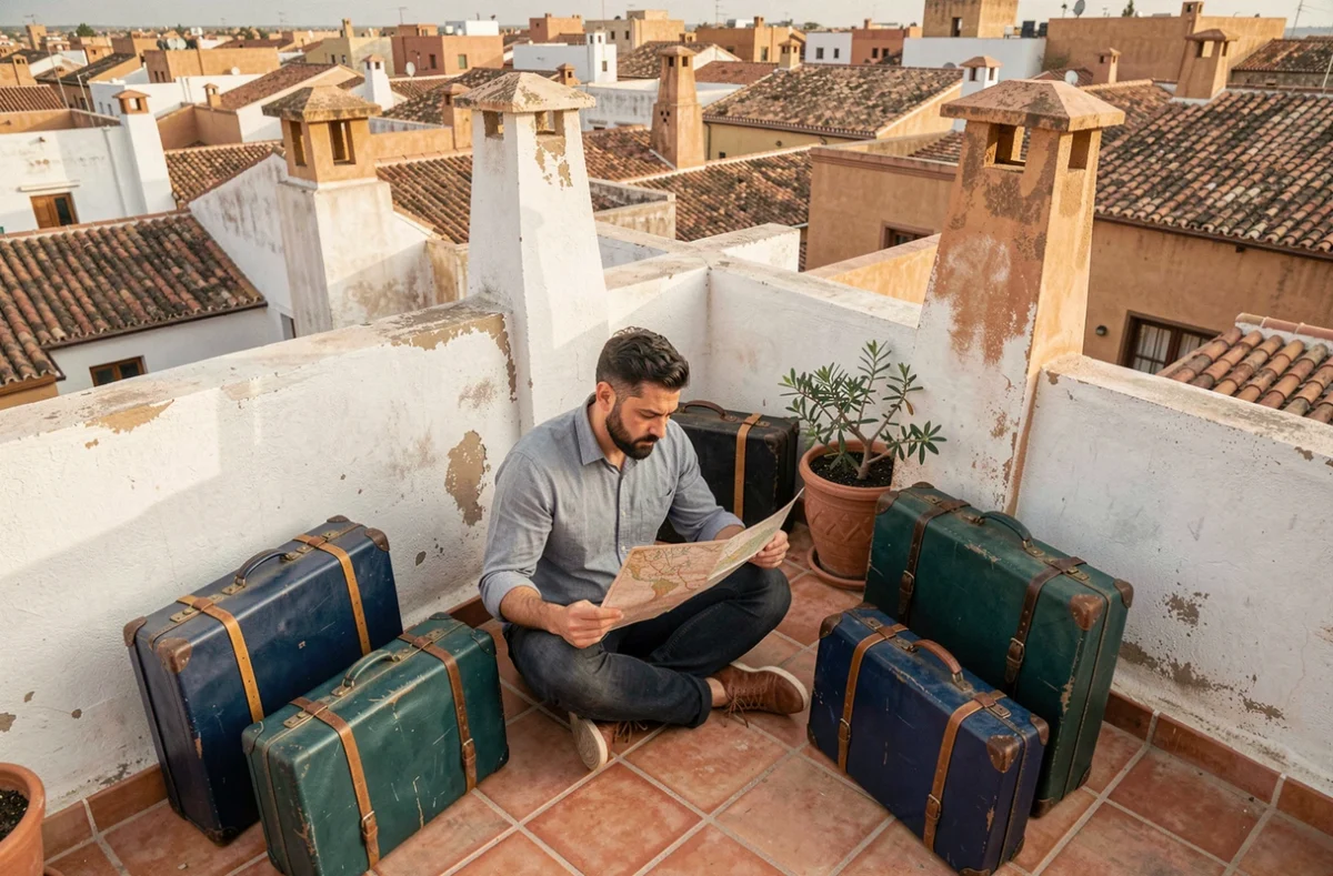 Homme assis sur un toit en terrasse avec des valises bleues dans une médina, illustrant la symbolique des couleurs du voyage