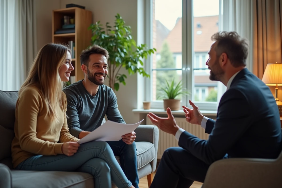 Jeune couple français consultant avec conseiller bancaire à la maison
