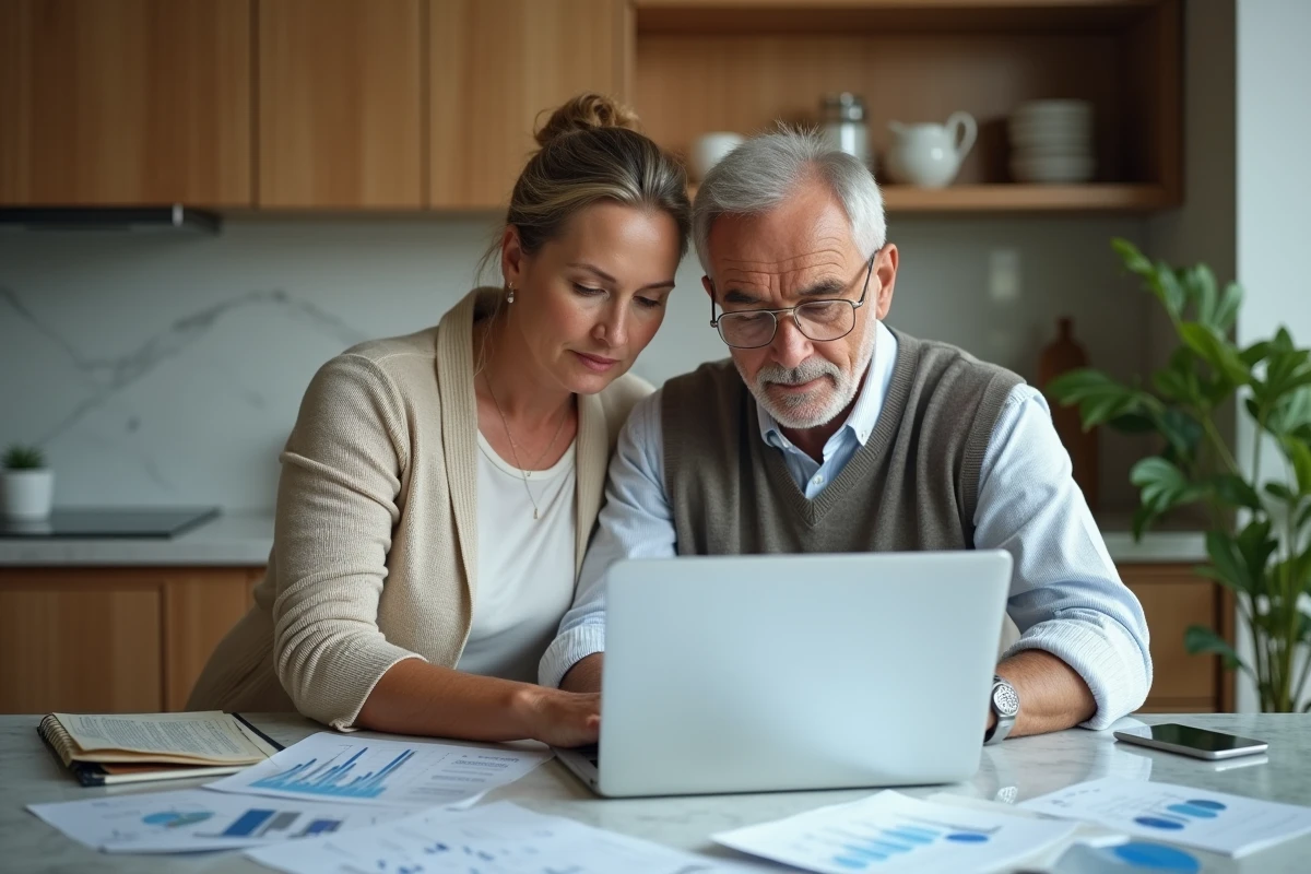 Couple quinquagénaire planifiant la protection et l'optimisation de leur patrimoine immobilier à domicile