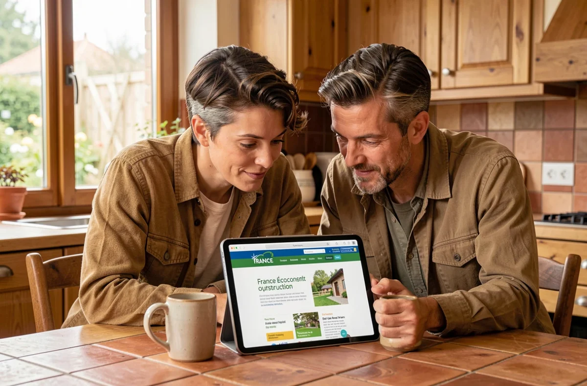Couple consultant ensemble le site officiel de France Écoconstruction sur une tablette dans une cuisine écologique