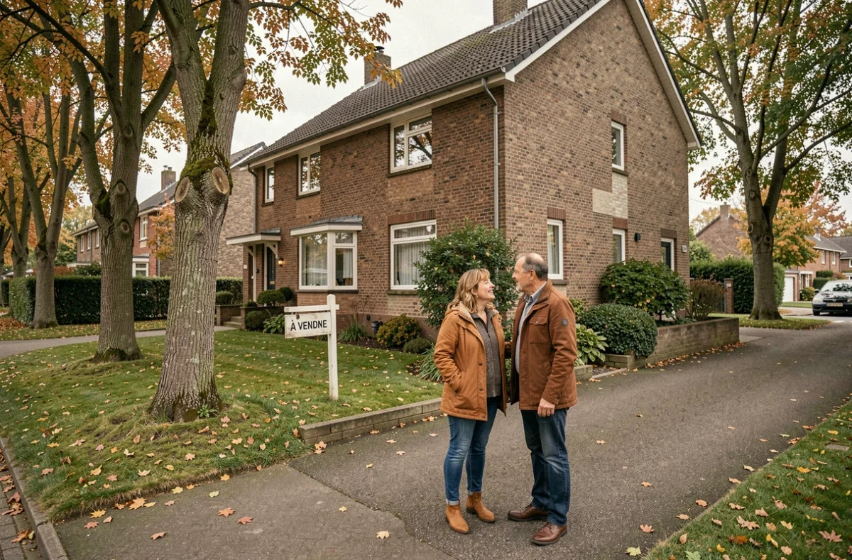 Couple visitant une maison à vendre dans un quartier résidentiel en automne