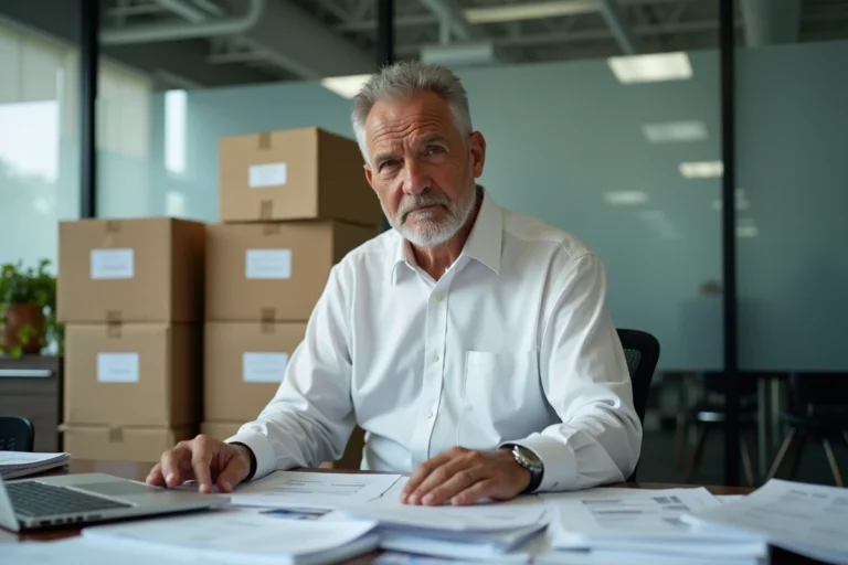Un homme d'affaires préoccupé examine des documents financiers dans un bureau en cours de fermeture