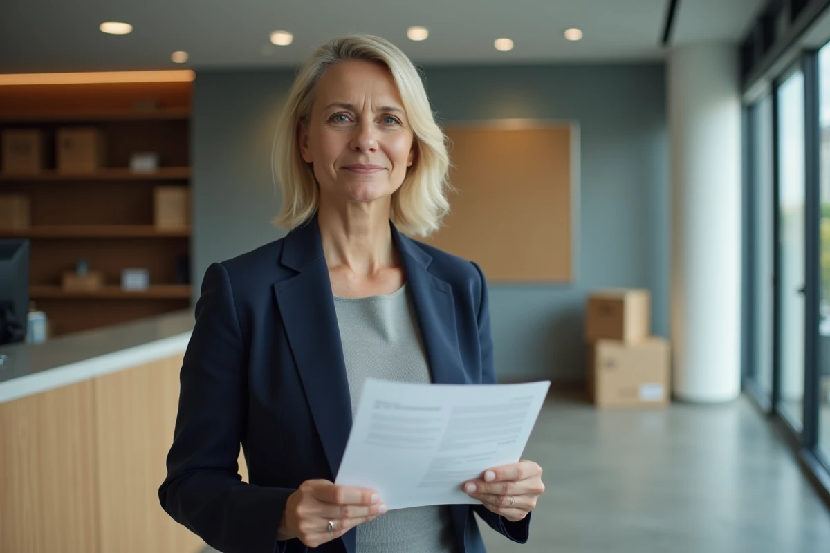 Une employée tenant un document officiel dans un bureau d'entreprise en phase de liquidation