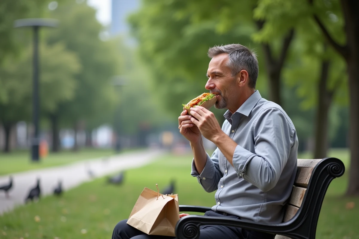 Employé de bureau qui profite de sa pause déjeuner dans un parc, droit à la pause et liberté de déplacement