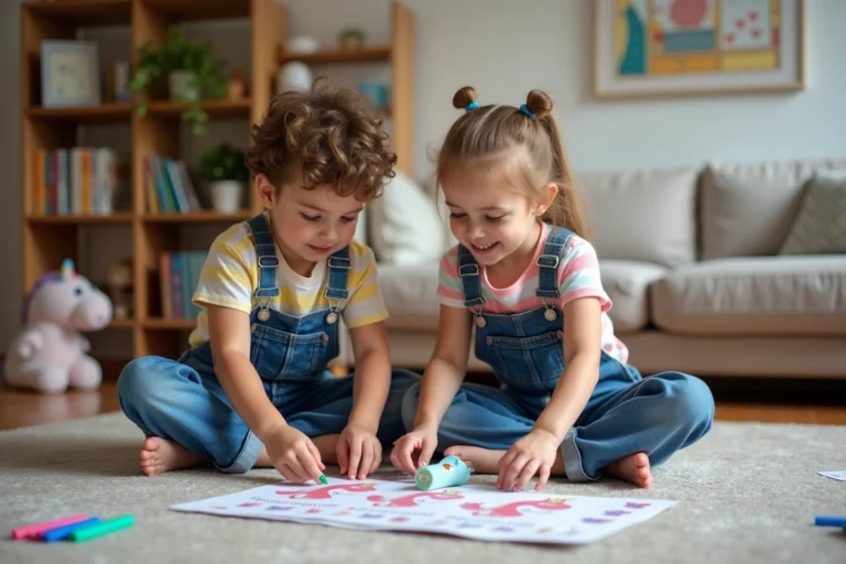 Deux enfants créant un jeu de société licorne dans le salon