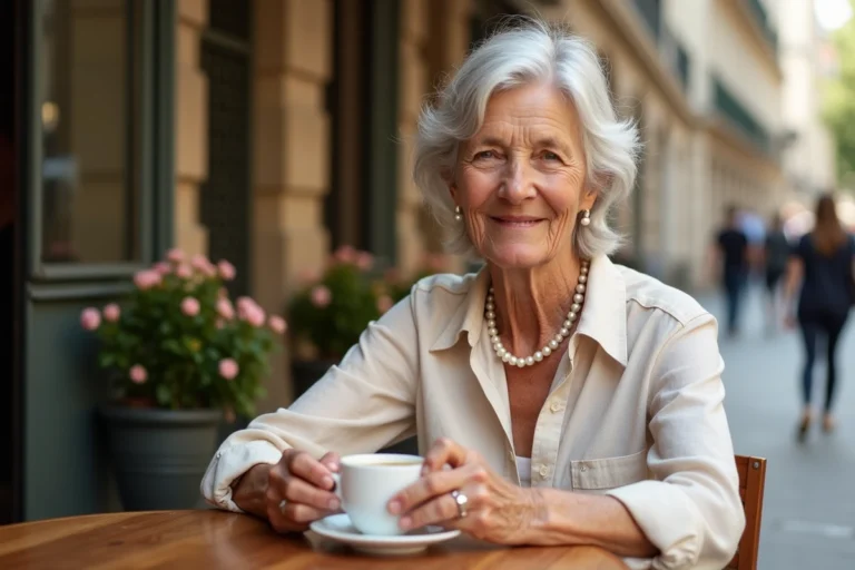 Femme âgée française souriante attablée en terrasse de café parisien, illustrant la longévité et l'espérance de vie en France