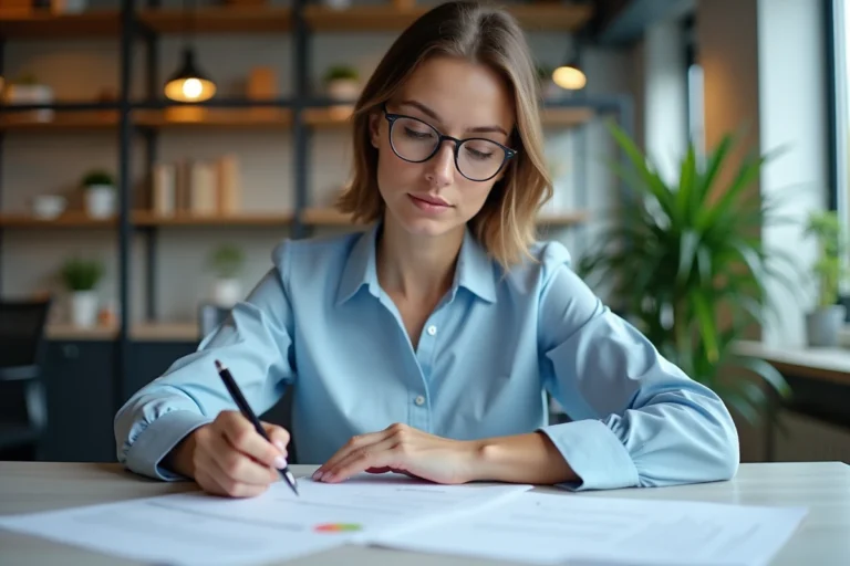 Femme d affaires française examinant des documents de prêt immobilier