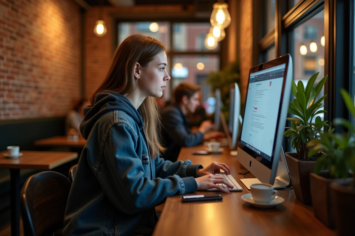 Jeune femme naviguant sur internet dans un café urbain
