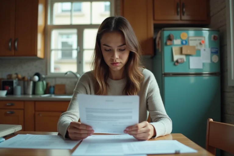 Jeune femme examine des documents dans une cuisine modeste