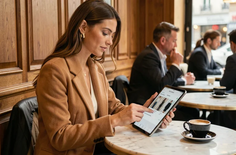 Femme élégante consultant une liste shopping chic sur tablette dans un café parisien