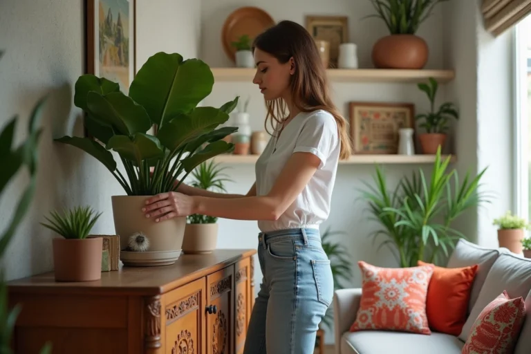 Jeune femme arrangeant une plante verte dans un salon lumineux