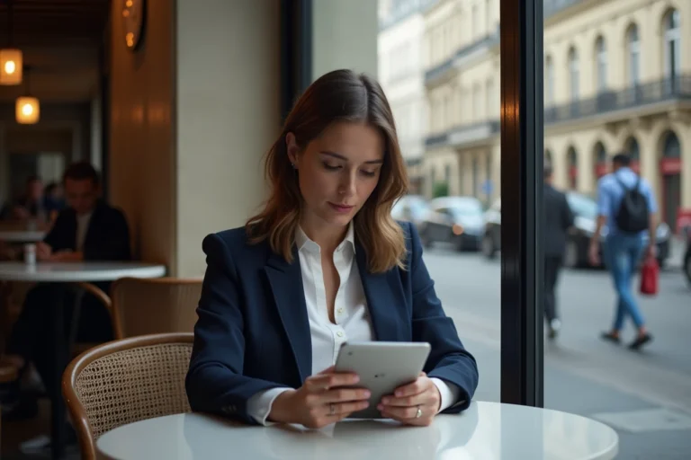 Jeune femme professionnelle lisant sur tablette à Paris