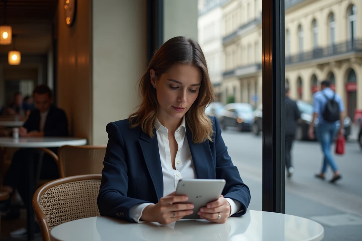 Jeune femme professionnelle lisant sur tablette à Paris