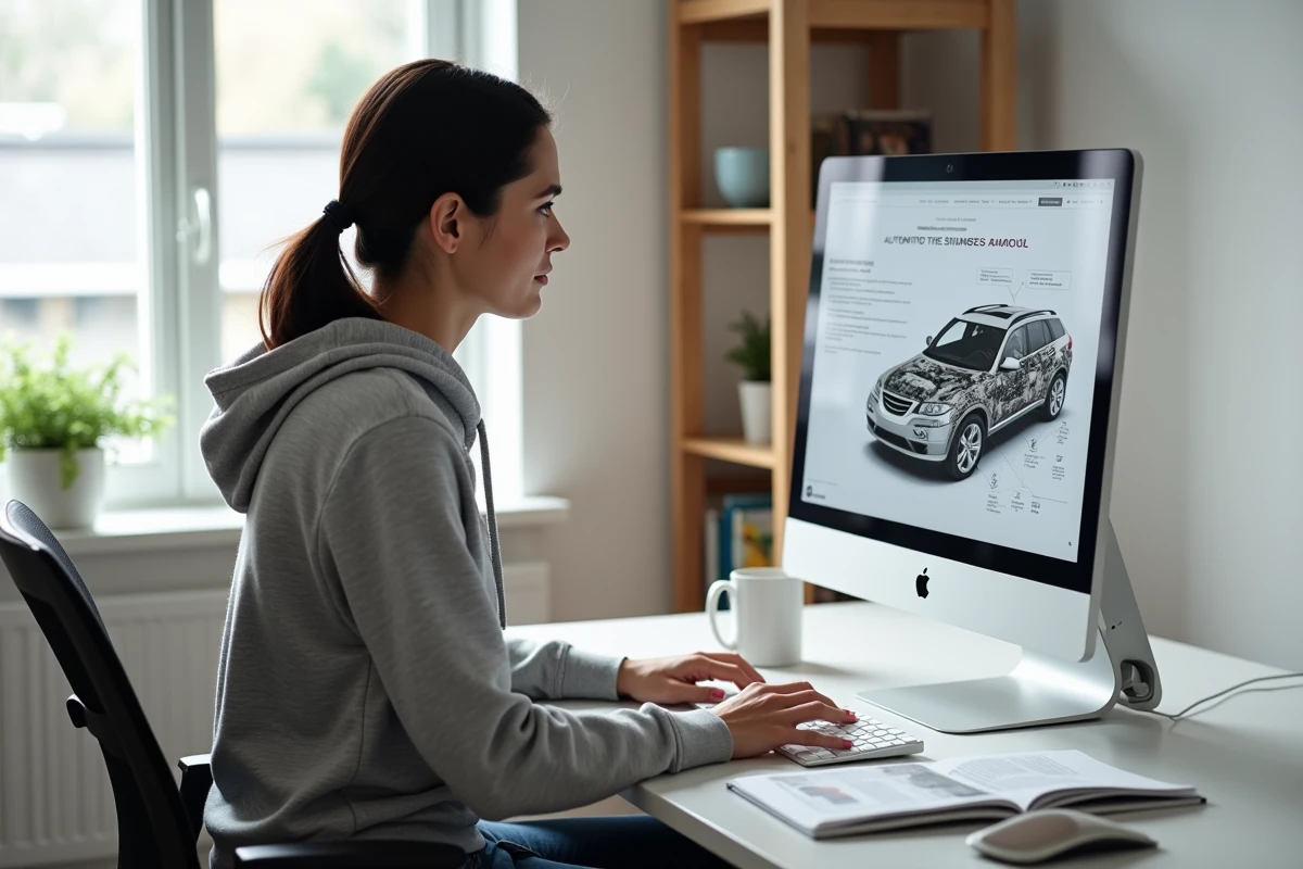 Femme recherchant une revue technique automobile gratuite en PDF sur son ordinateur à domicile
