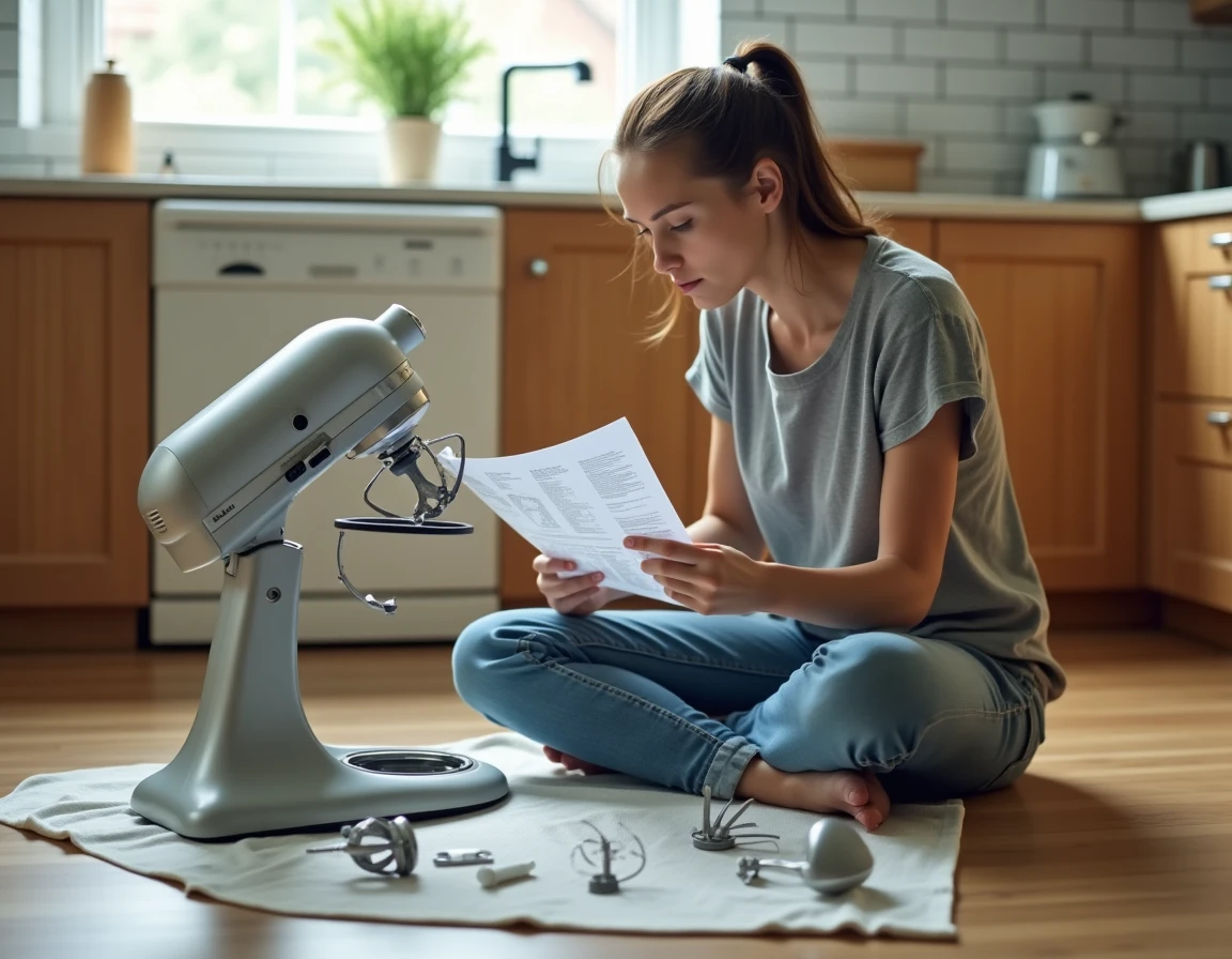 Femme consultant un manuel de réparation pour remettre en état un robot pâtissier démonté sur le sol de sa cuisine