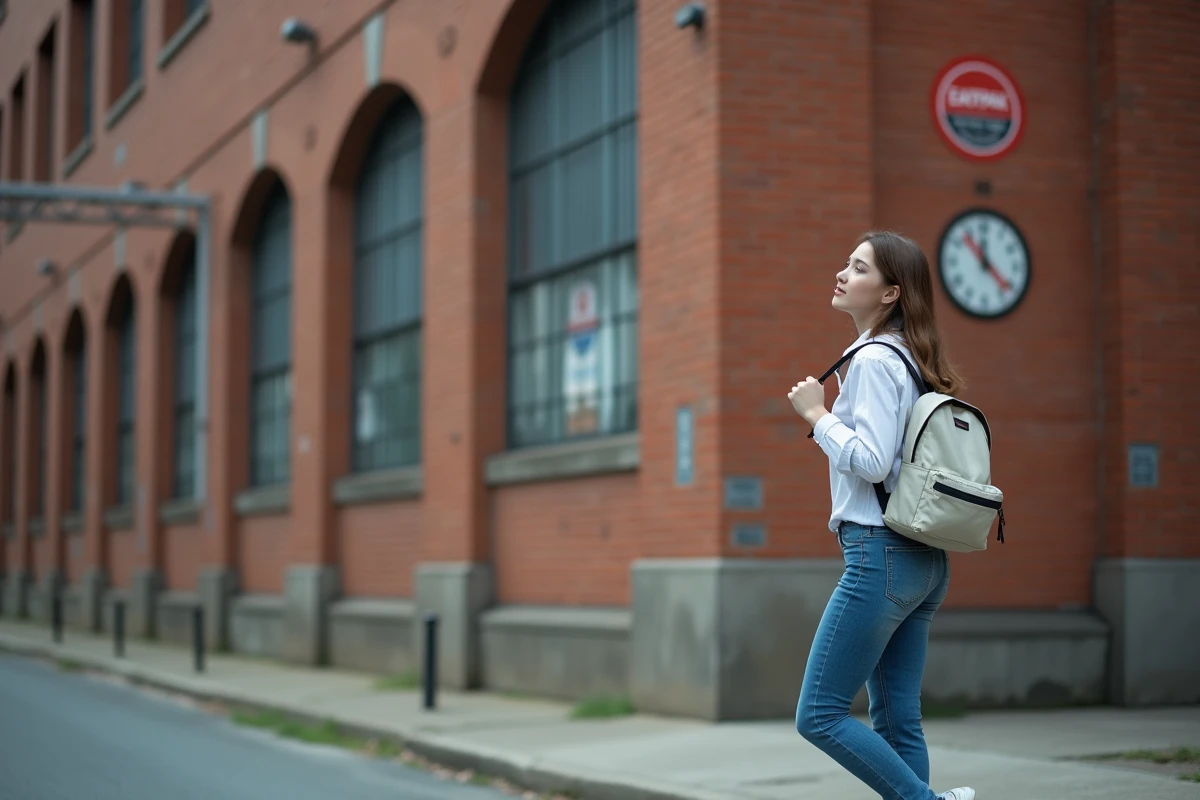 Jeune femme portant un sac à dos Eastpak pastel devant un bâtiment industriel en briques, évoquant les origines et le lieu de fabrication de la marque