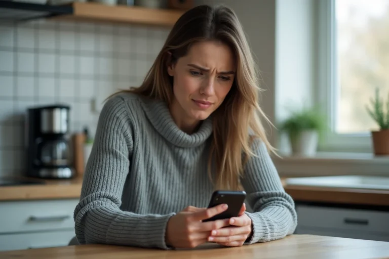 Femme consultant son smartphone affichant une notification de ligne Sosh suspendue dans une cuisine moderne