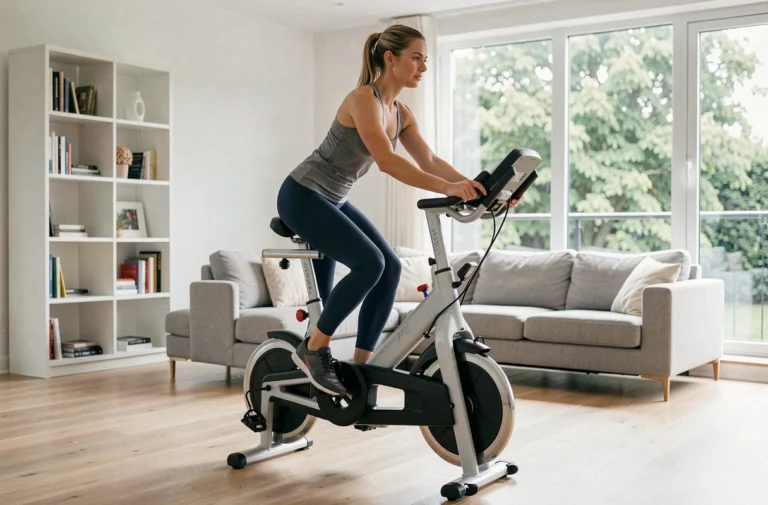 Femme faisant du vélo d'appartement Ultrasport dans un salon moderne lumineux