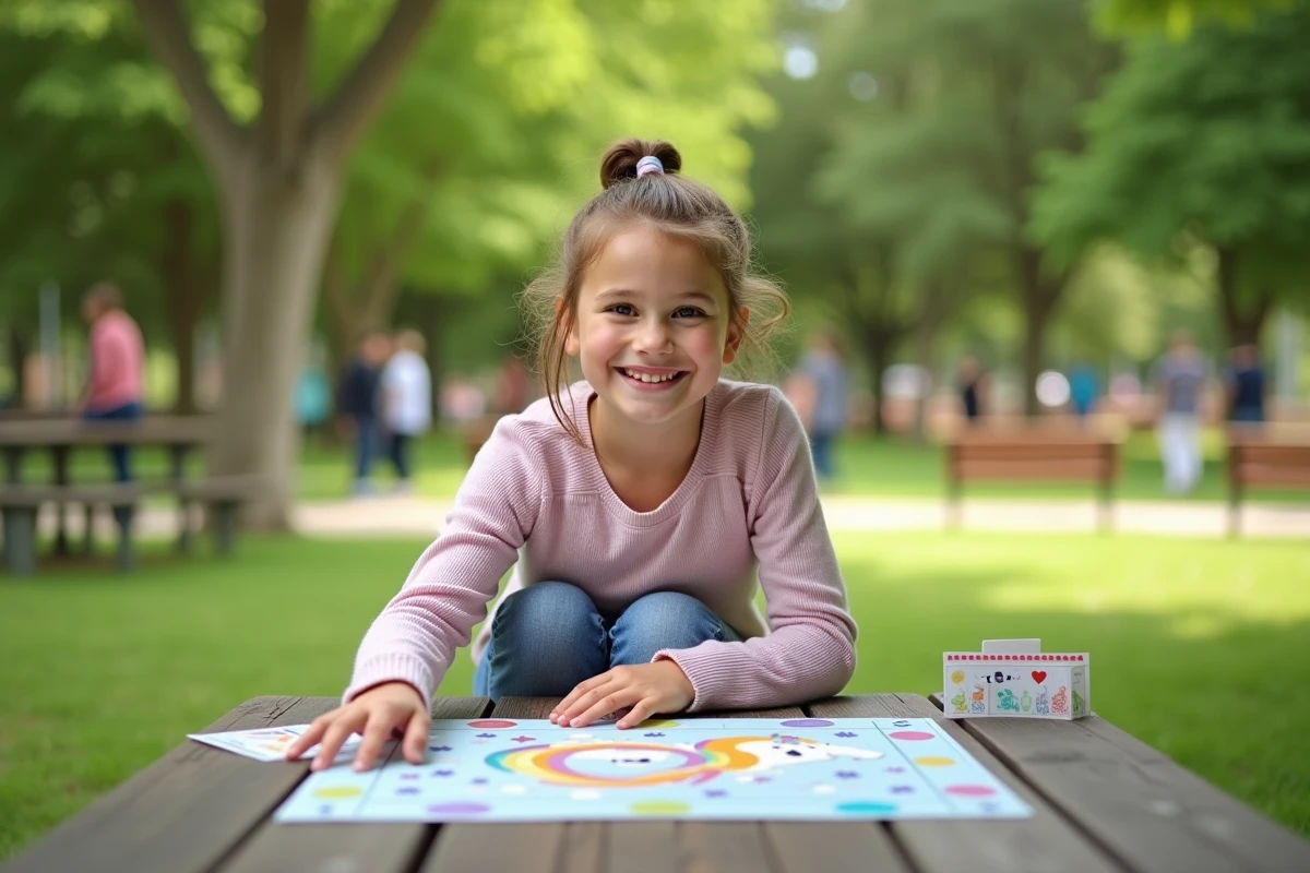 Fille souriante présentant un jeu de société licorne dans un parc