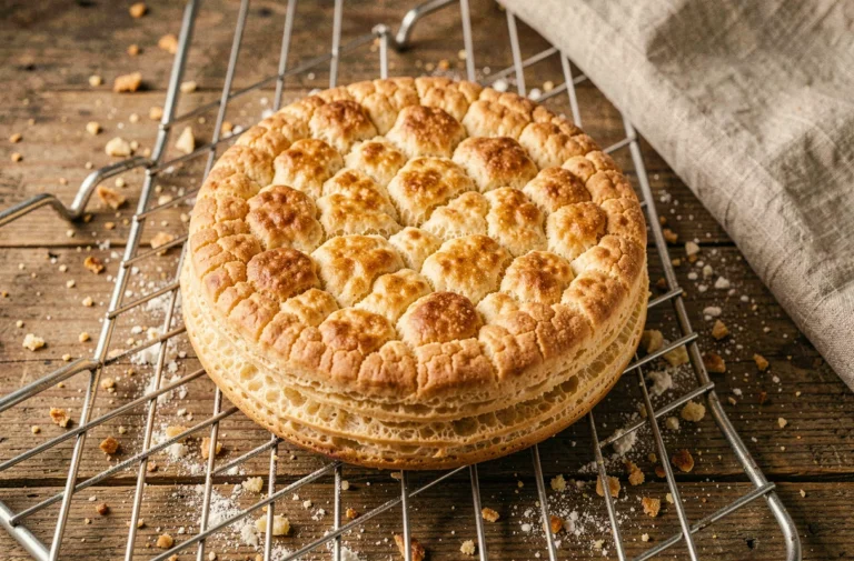 Fond de biscuit croustillant doré refroidissant sur une grille en cuisine rustique, vue de dessus