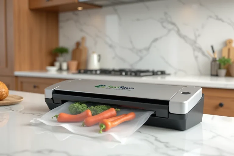 Machine FoodSaver V2860 posée sur un plan de travail en marbre avec un sachet sous vide contenant des légumes frais