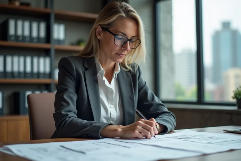 Femme professionnelle analysant des documents de gestion de patrimoine immobilier dans un bureau moderne