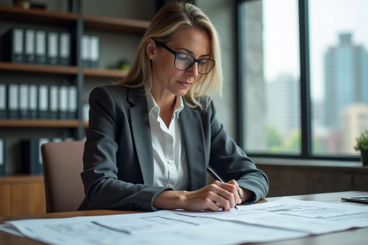 Femme professionnelle analysant des documents de gestion de patrimoine immobilier dans un bureau moderne