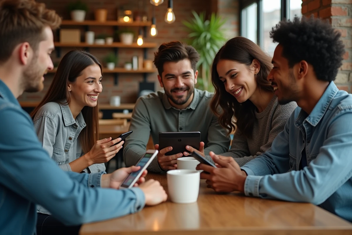 Groupe d amis discutant autour d une table de cafe avec tablettes