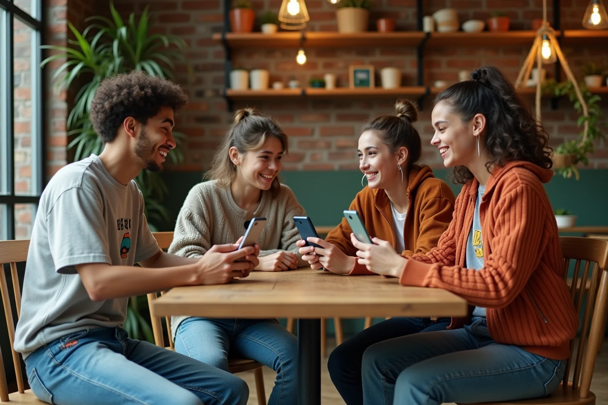 Groupe de jeunes adolescents aux styles vestimentaires variés discutant dans un café branché, symbolisant l'impact social de la mode sur la jeunesse
