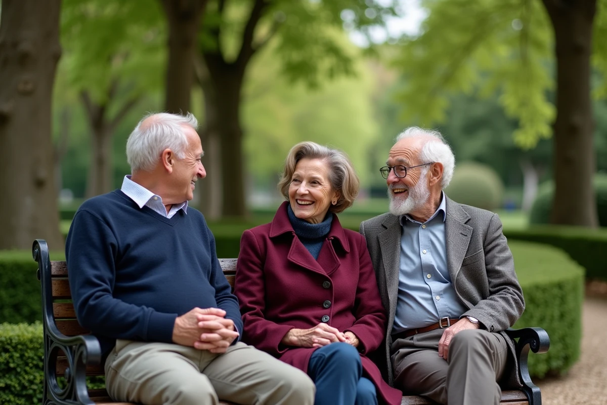 Groupe de personnes âgées en conversation sur un banc dans un jardin public français, symbolisant la part des Français atteignant 80 ans