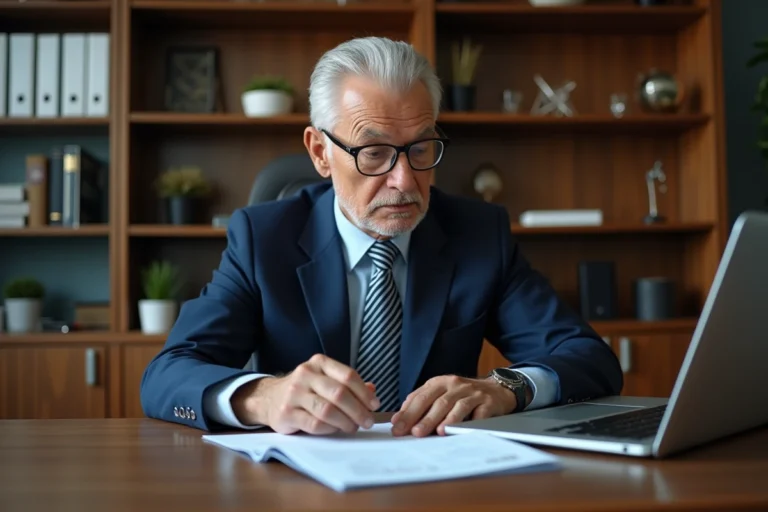 Homme d'affaires en costume navy dans un bureau moderne