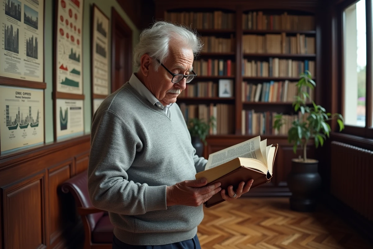 Homme âgé lisant dans une bibliothèque française, évoquant les statistiques sur l'espérance de vie et la longévité des Français