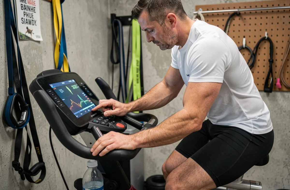 Homme consultant l'écran LCD du vélo d'appartement Ultrasport F-Bike dans une salle de sport à domicile