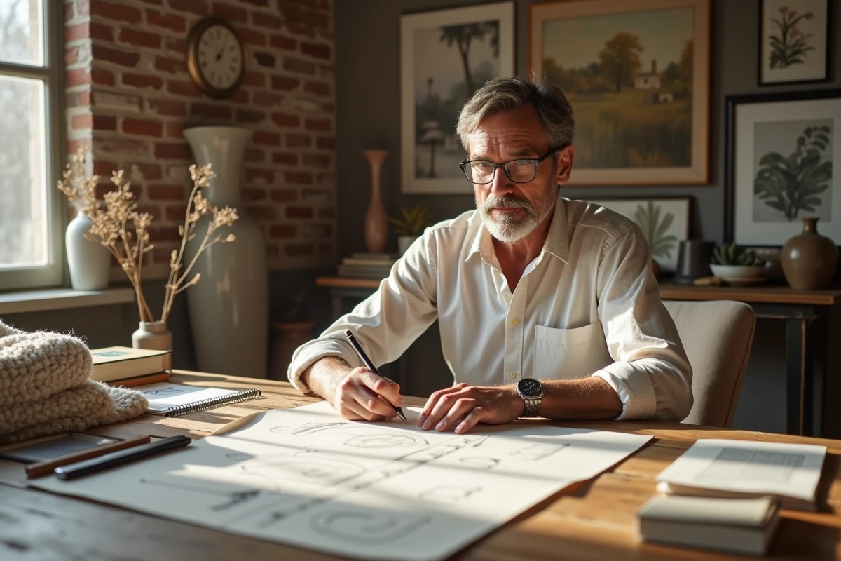 Homme esquissant des idées de décoration intérieure à la table