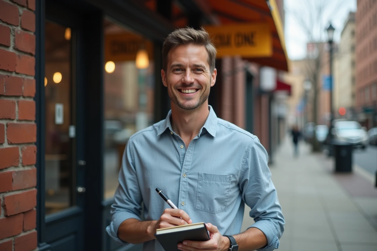 Homme entrepreneur souriant devant sa boutique en ville