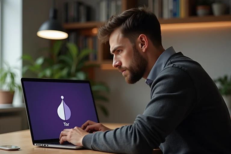 Homme concentré utilisant un ordinateur avec Tor dans un espace cosy