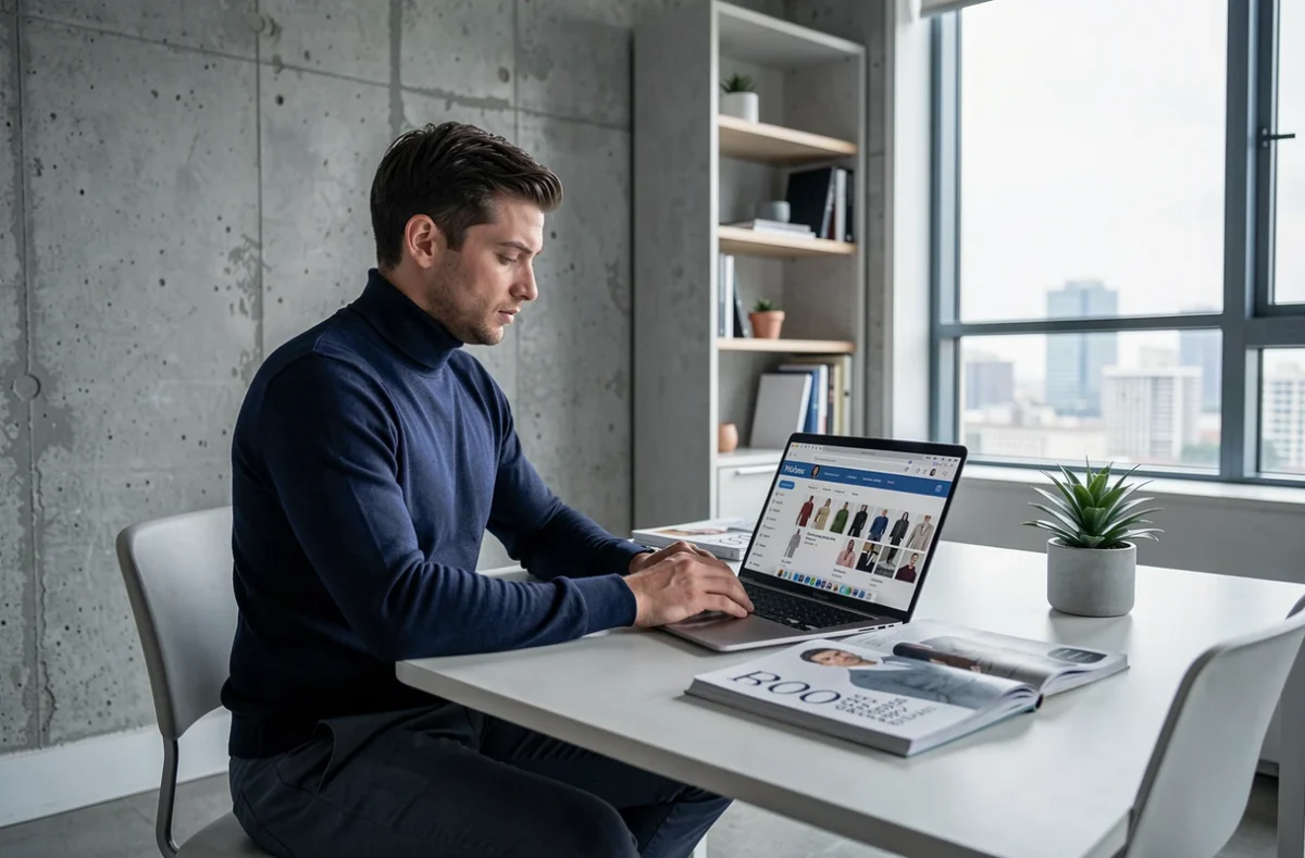 Homme tendance naviguant sur une liste shopping en ligne depuis un bureau minimaliste moderne
