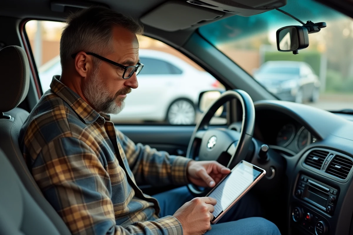 Homme consultant une revue technique automobile en PDF sur une tablette à l'intérieur de sa voiture